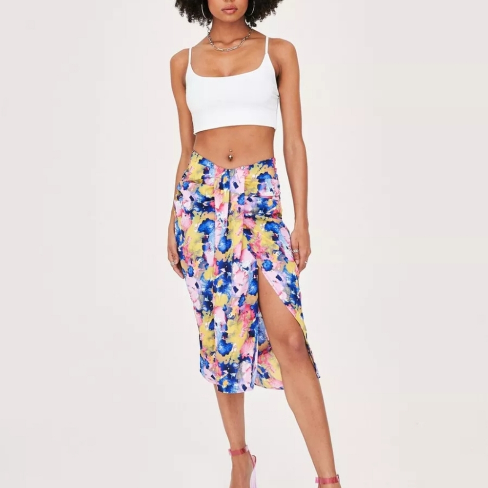 NASTY GAL Abstract Floral Front Slit Midi Skirt - Blue